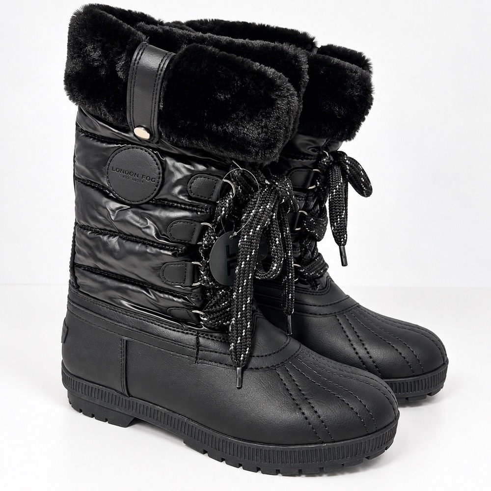 London Fog Melton 4 Womens Black Quilted Faux Fur Winter Duck Boots Snow Sz 8